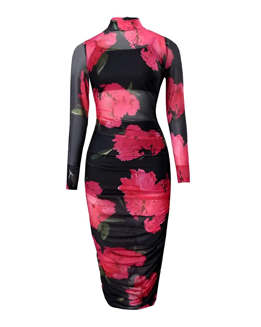 Une robe moulante noire à manches longues avec un col montant. Le vêtement est en mesh transparent avec un motif de fleurs roses.