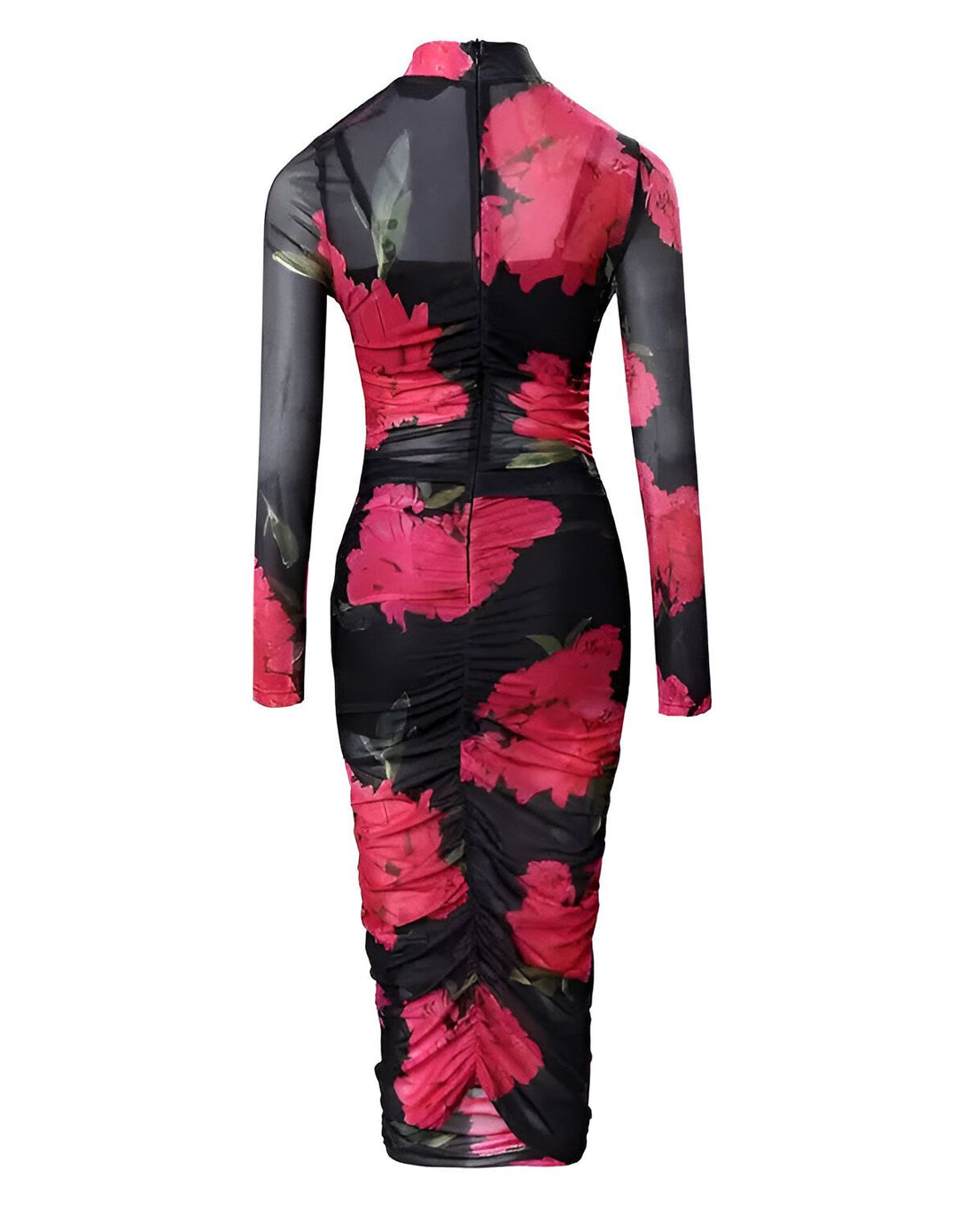 Une robe moulante en mesh transparente noire avec des fleurs roses.