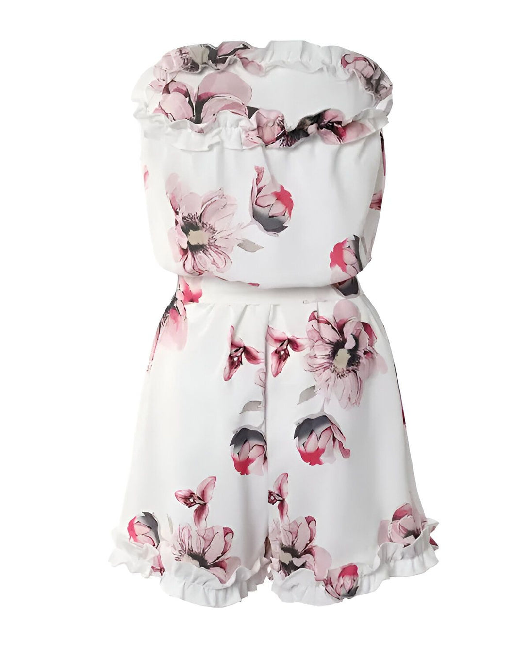Une combinaison short blanche à motif floral rose et volantée au niveau du haut et du bas.