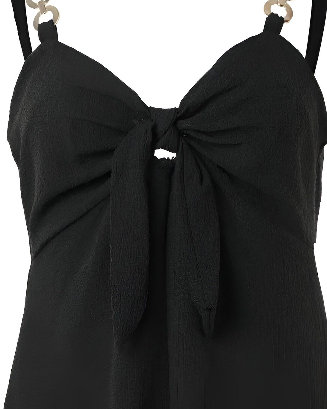 Une image d'une robe noire avec un nœud sur le devant.