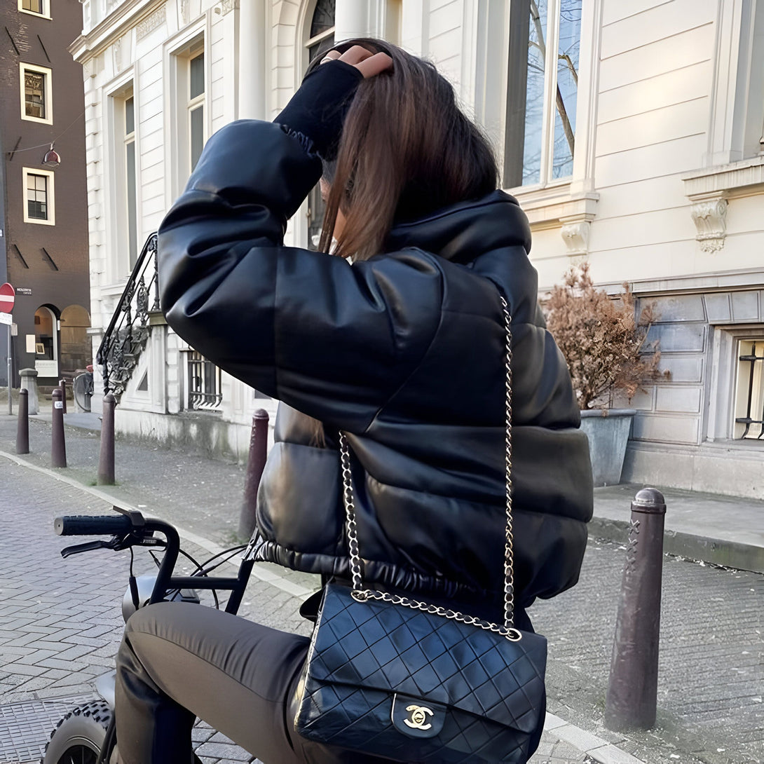 Blouson Doudoune Femme Simili Cuir Noir
