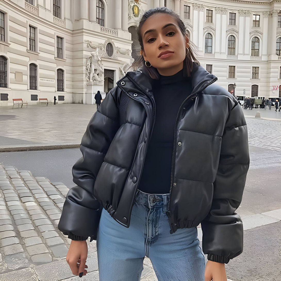 Blouson Doudoune Femme Simili Cuir Noir
