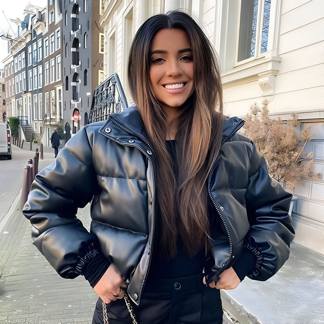 Blouson Doudoune Femme Simili Cuir Noir
