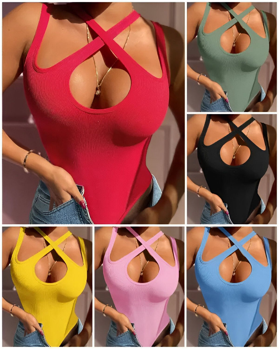 Une image de cinq femmes portant des débardeurs de couleur différente. Les débardeurs sont de couleur rouge, vert, noir, jaune et rose. Les femmes ont des morphologies différentes et les débardeurs sont plus ou moins adaptés à leur morphologie.