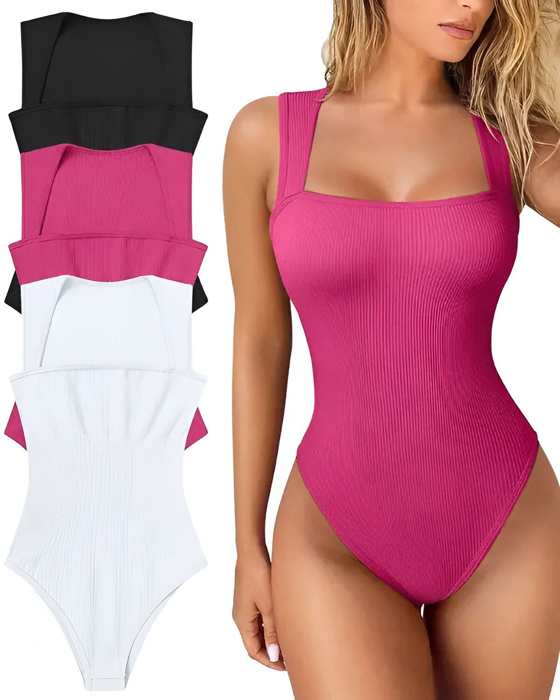 Une image de trois femmes portant des bodies de couleur différente. Les bodies sont de couleur noir, rose et blanc. Les femmes ont des poses différentes et montrent les détails des bodies.