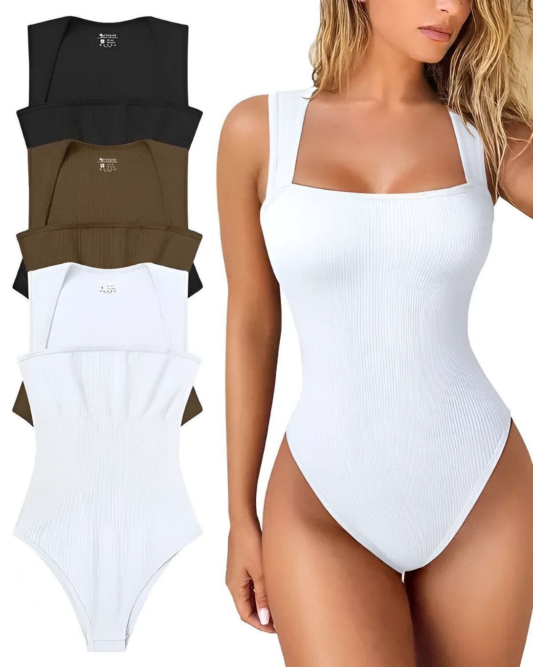 Une image de trois femmes portant des body blancs et marron. Les body sont côtelés et ont une coupe carrée. Les femmes ont des poses différentes et montrent les détails du body.