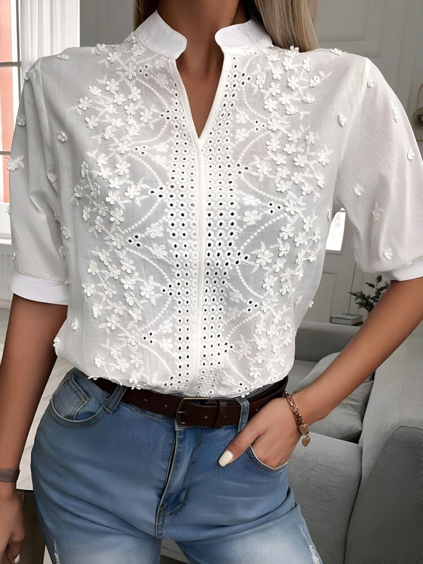 Chemise Femme Été Broderie Fleurs Col V
