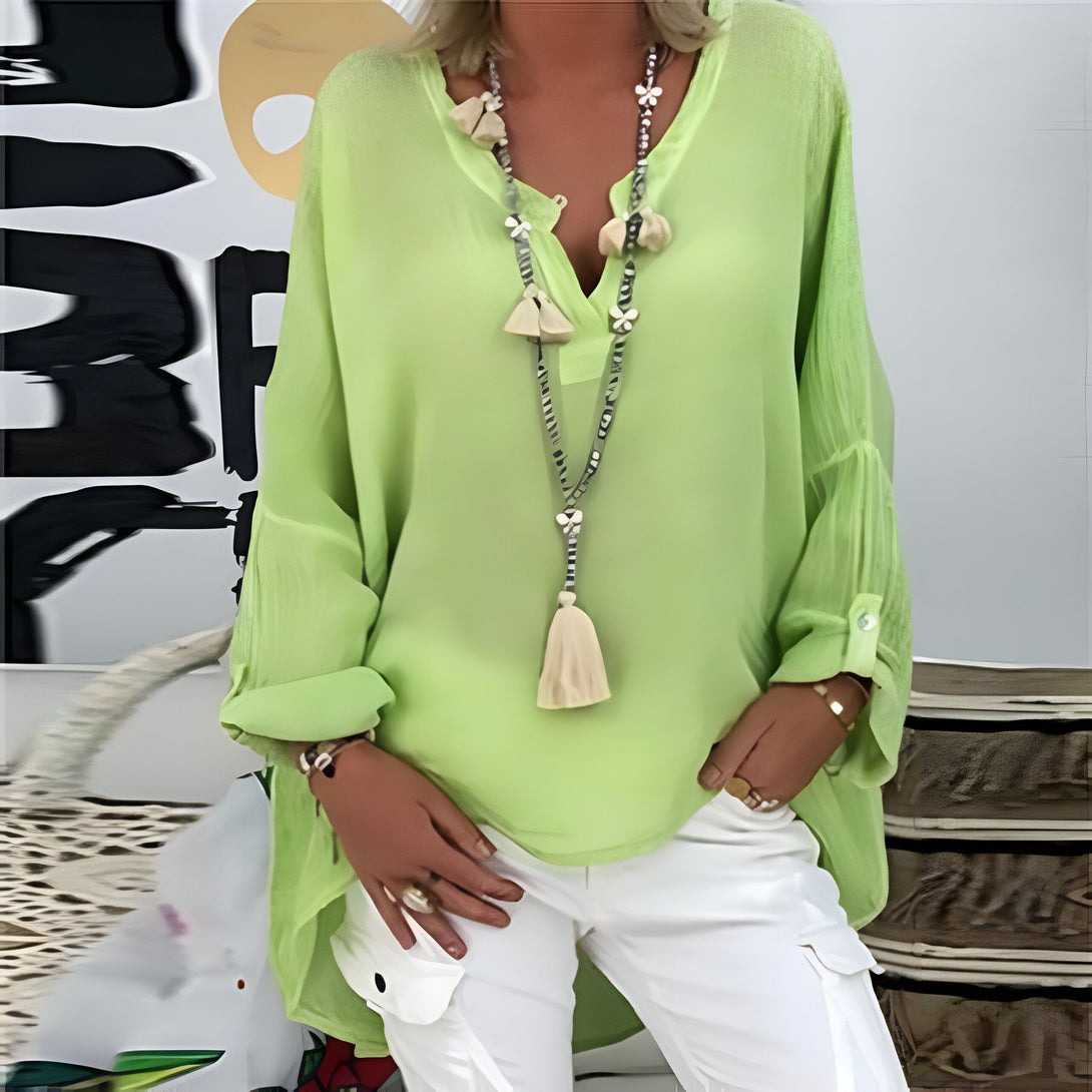 Chemise Lin Femme Manches Chauve-souris Col V

