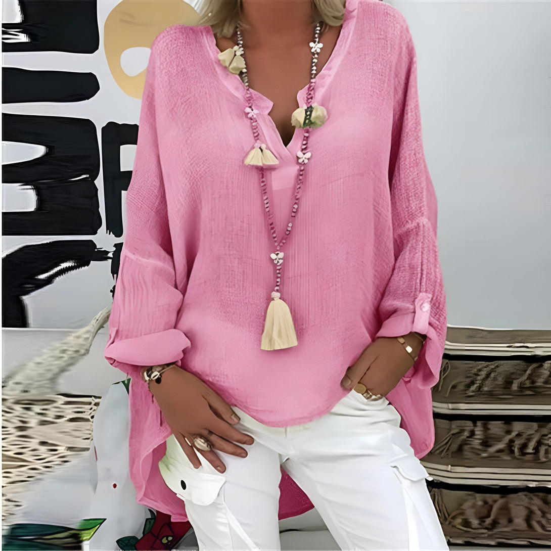 Chemise Lin Femme Manches Chauve-souris Col V
