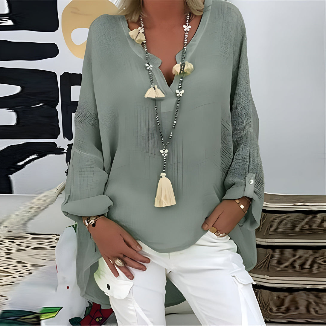 Chemise Lin Femme Manches Chauve-souris Col V
