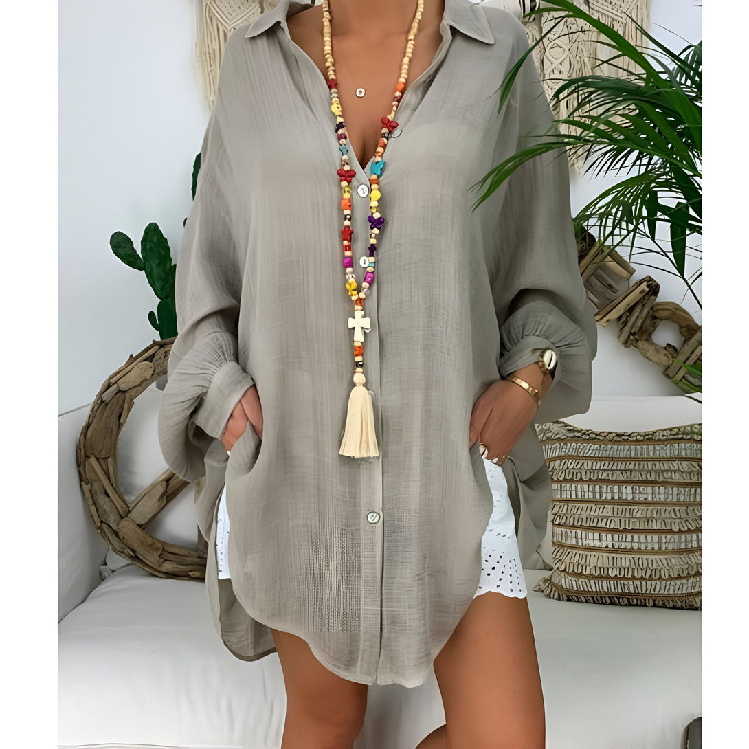 Chemise Lin Femme Manches Longues Col Rabattu
