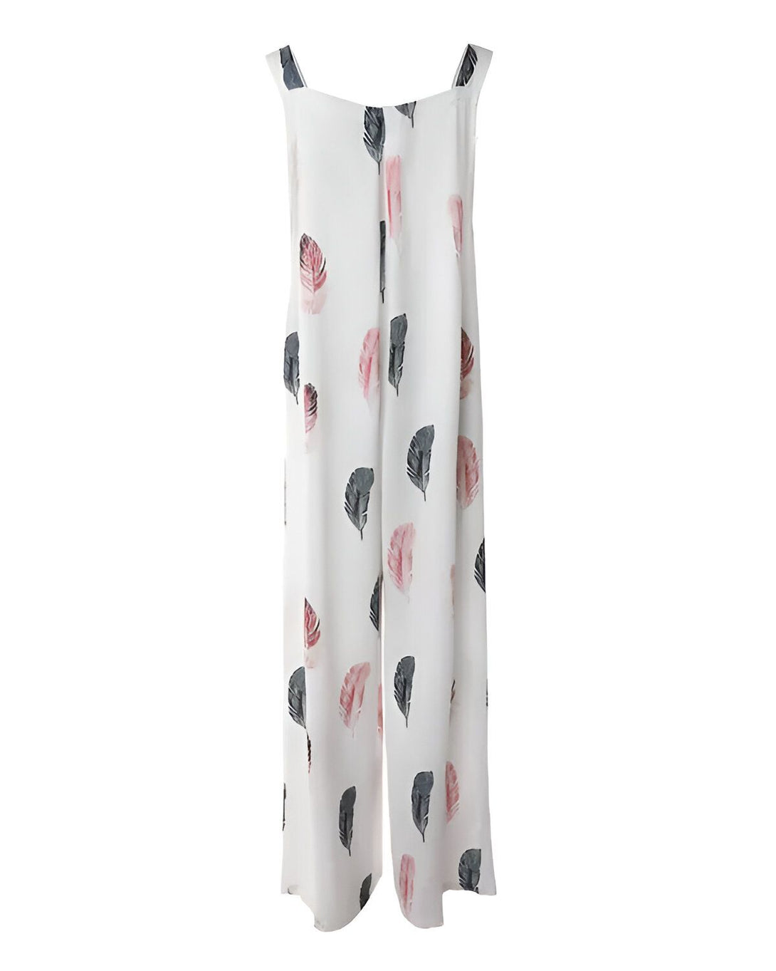 Une combinaison pantalon large blanche à motif plumes colorées.