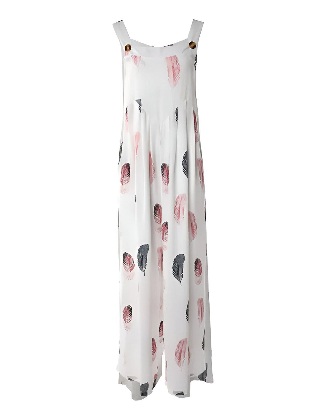 Une combinaison pantalon large blanche à motif plumes roses et noires.