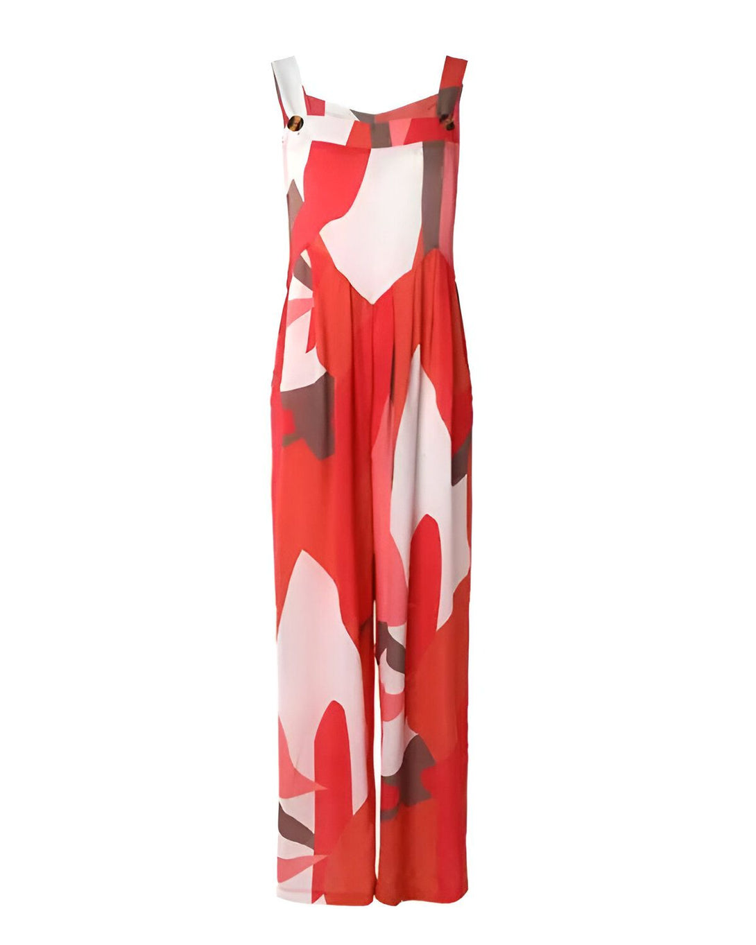 Une combinaison pantalon rouge à motifs blancs et roses.