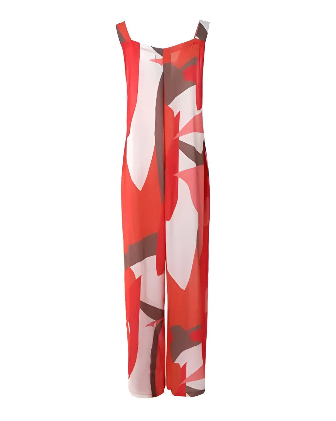 Une combinaison pantalon rouge à motifs blancs et marron.