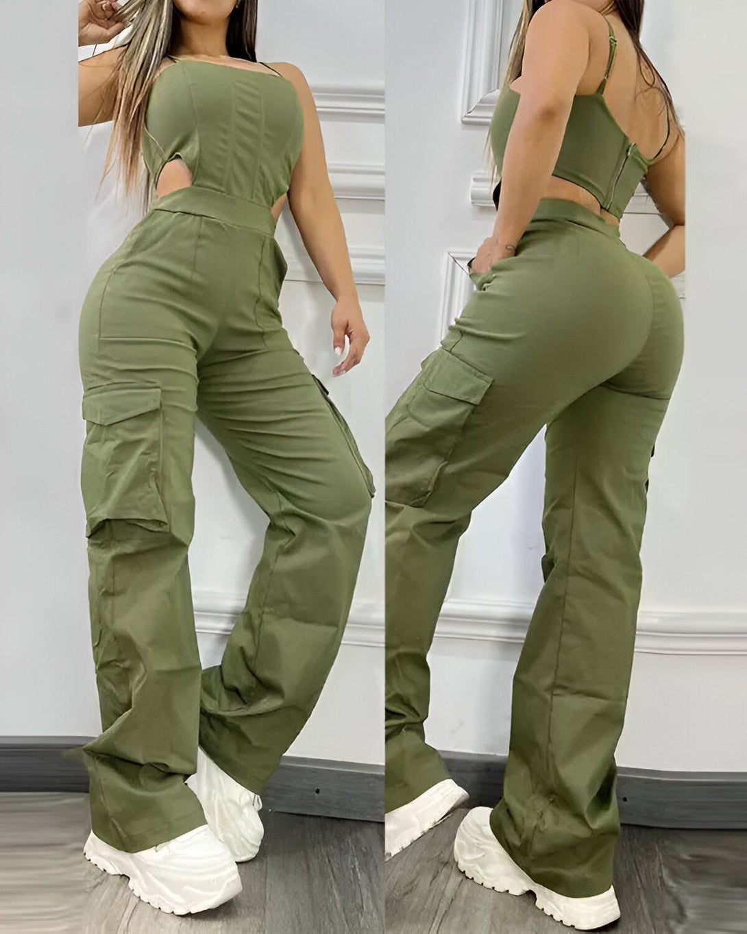 Une femme porte une combinaison pantalon cargo vert olive. La combinaison est composée d'un haut court et d'un pantalon large. Le haut court est doté de fines bretelles et d'une encolure carrée. Le pantalon est taille haute et possède des poches cargo sur les côtés. La combinaison est cintrée à la taille.