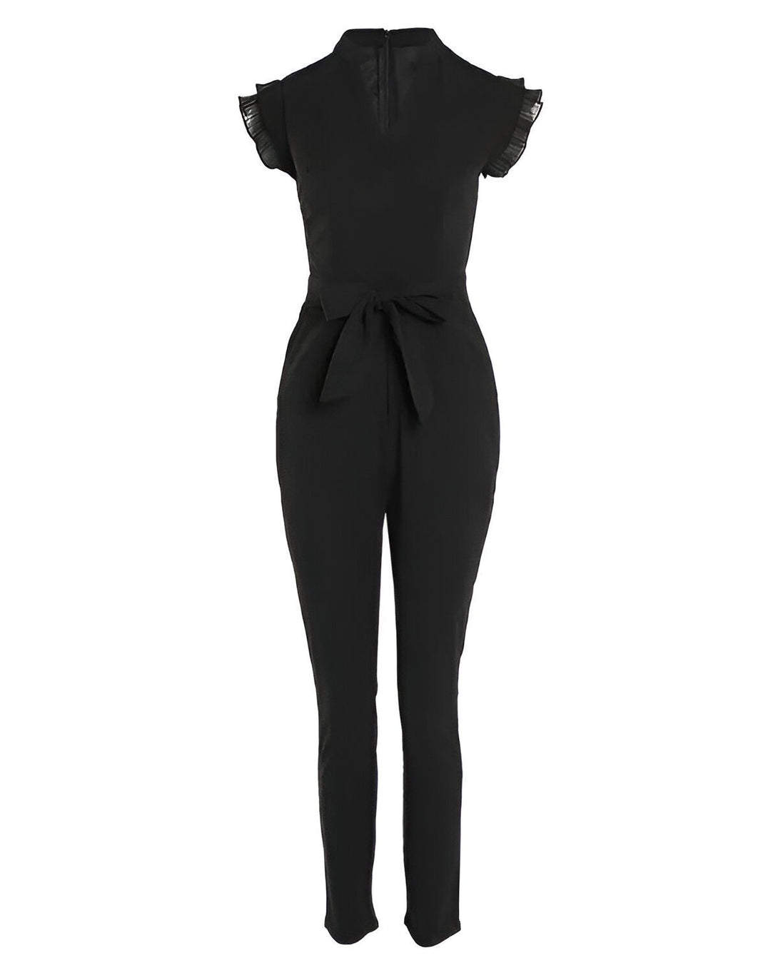Combinaison noire avec un col en V, des manches courtes à volants et une ceinture à nouer à la taille.