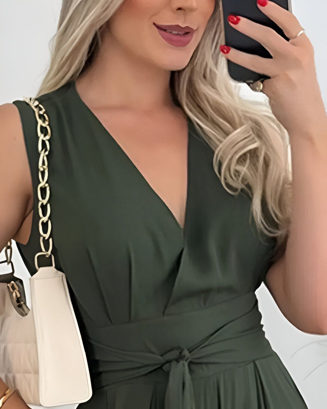 Une femme porte une combinaison verte décolletée et une veste blanche. Elle a les cheveux blonds et porte du rouge à lèvres. Elle tient un téléphone portable à la main.