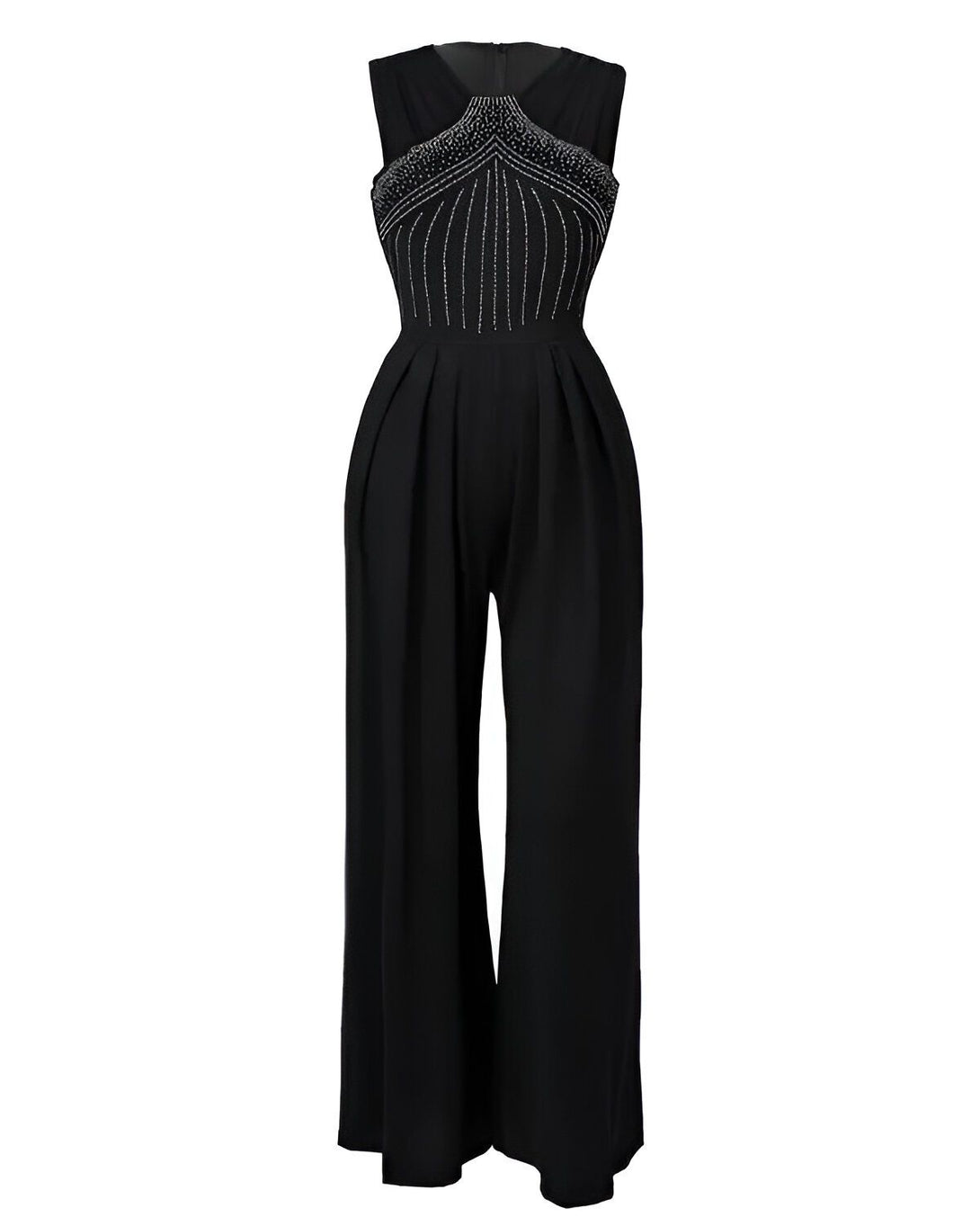 Une combinaison-pantalon noire sans manches avec des détails en perles argentées sur le haut.