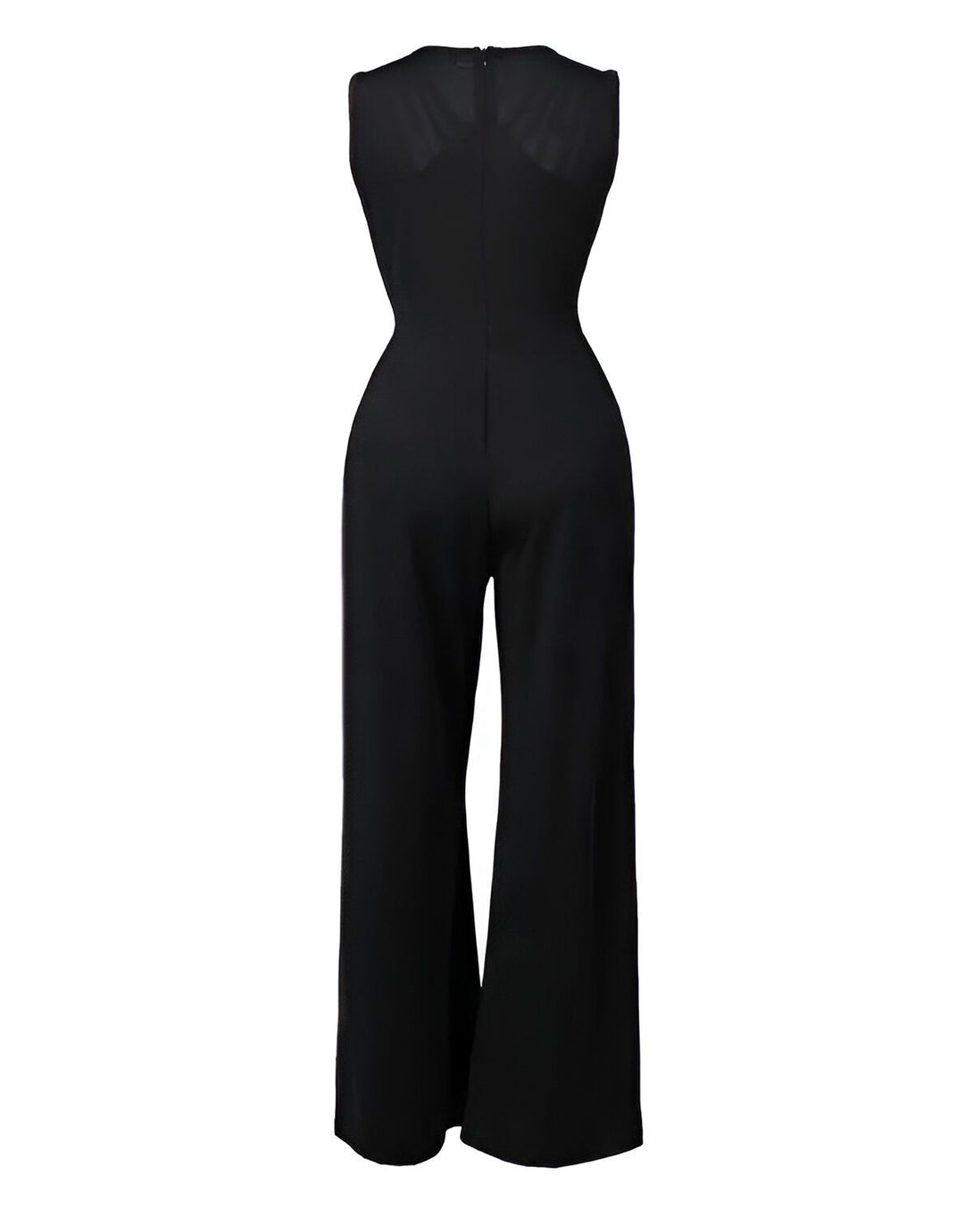 Une combinaison pantalon noire dos nu avec une taille haute et des jambes évasées.