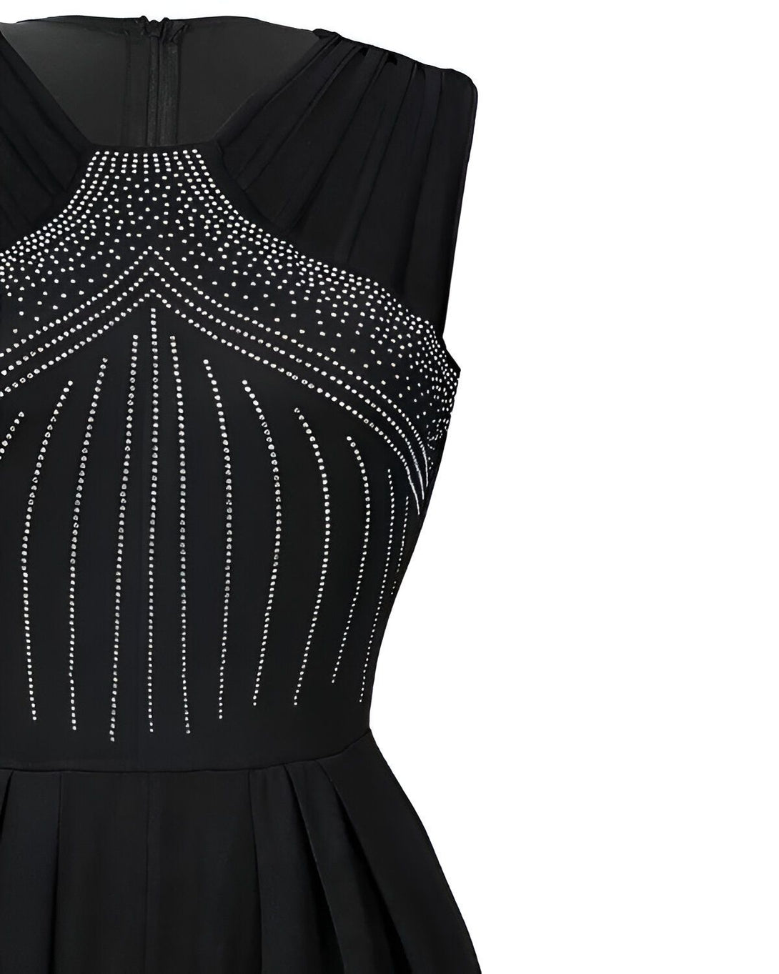 Une image d'une robe de soirée noire avec des strass argentés. La robe est sans manches et a un col montant. La jupe est plissée et évasée.