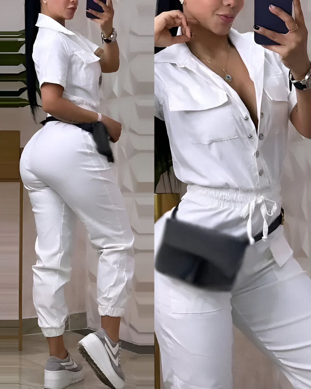 Une combinaison blanche avec un décolleté plongeant et des manches courtes. Elle est cintrée à la taille et possède des poches sur les côtés. Le mannequin porte une paire de baskets blanches et un sac banane noir.