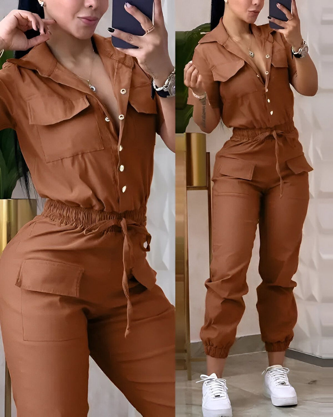 Une combinaison marron composée d'une veste à manches courtes et d'un pantalon assorti. La veste est ouverte sur le devant et possède des boutons. Le pantalon est taille haute et possède une ceinture à nouer à la taille.
