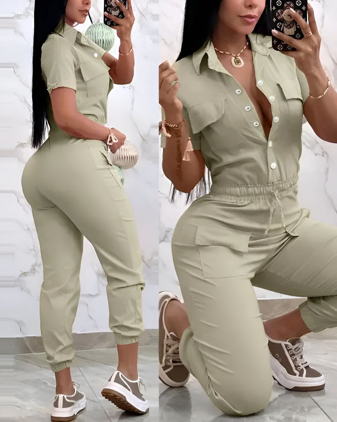 Une femme porte une combinaison-pantalon verte. La combinaison-pantalon est courte et a des manches courtes. Elle est également dotée d'un col et de boutons. La femme est debout et porte des baskets blanches.