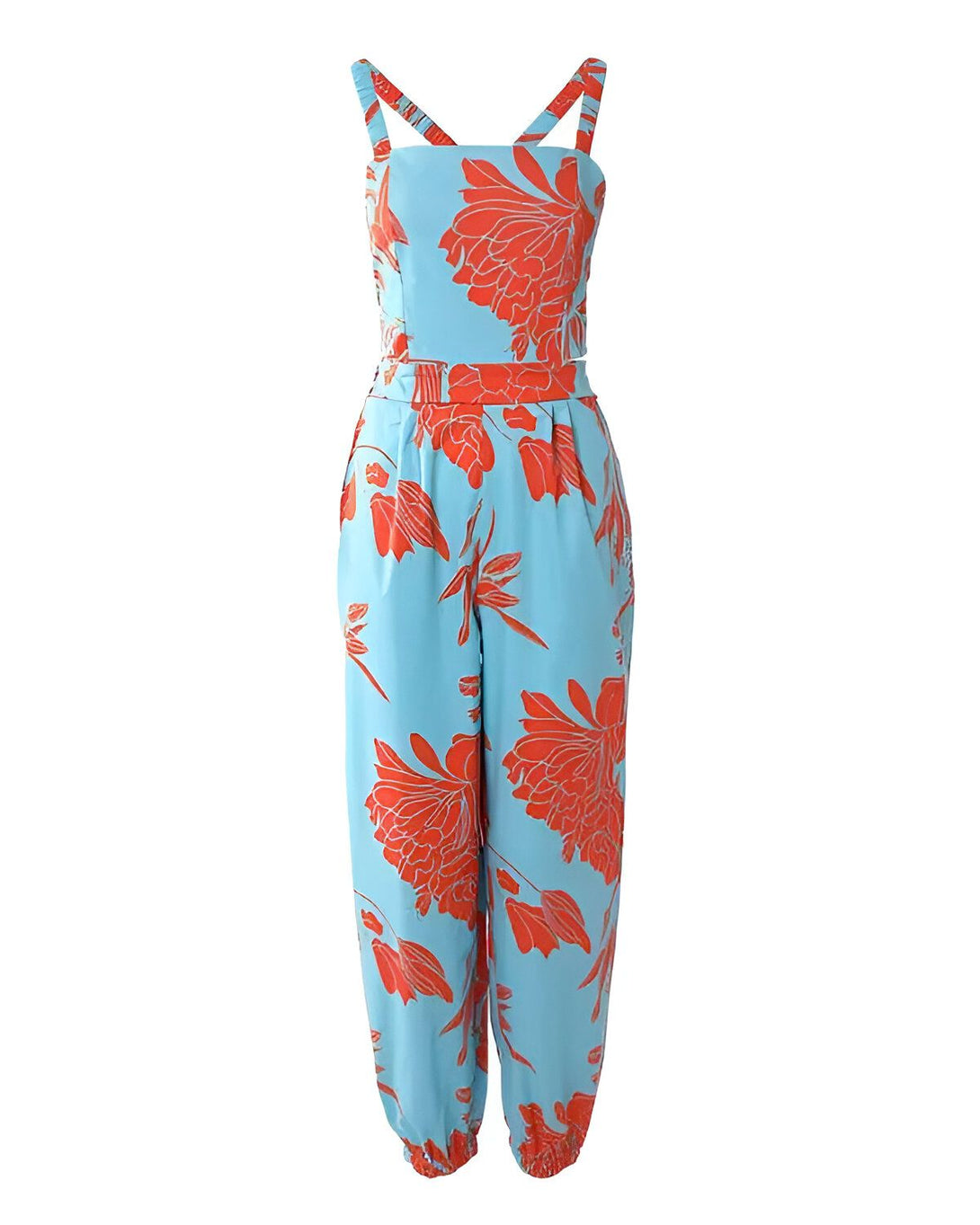 Une combinaison pantalon bleu clair à motif floral orange.