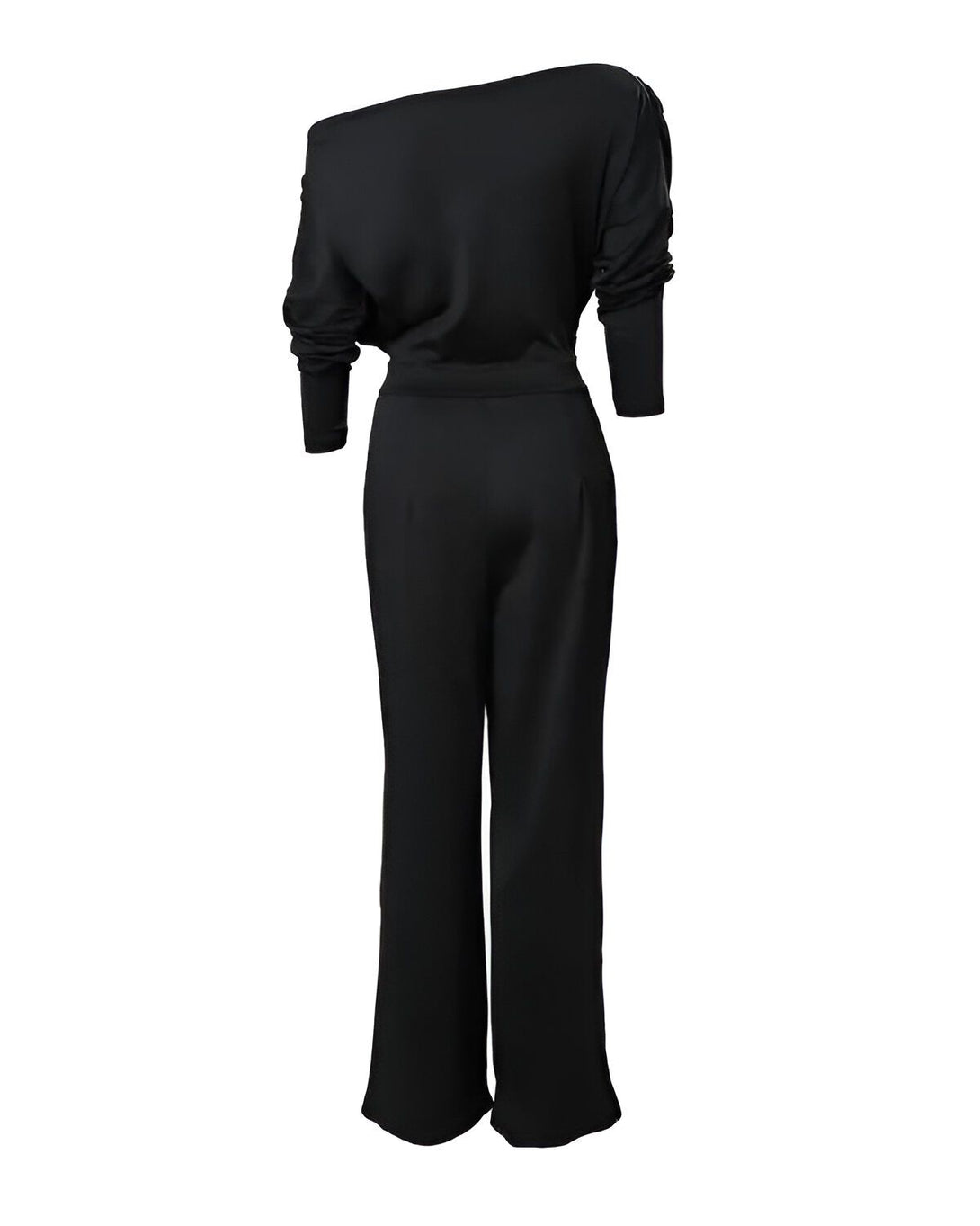 Une combinaison pantalon noire avec une épaule dénudée et des manches longues.