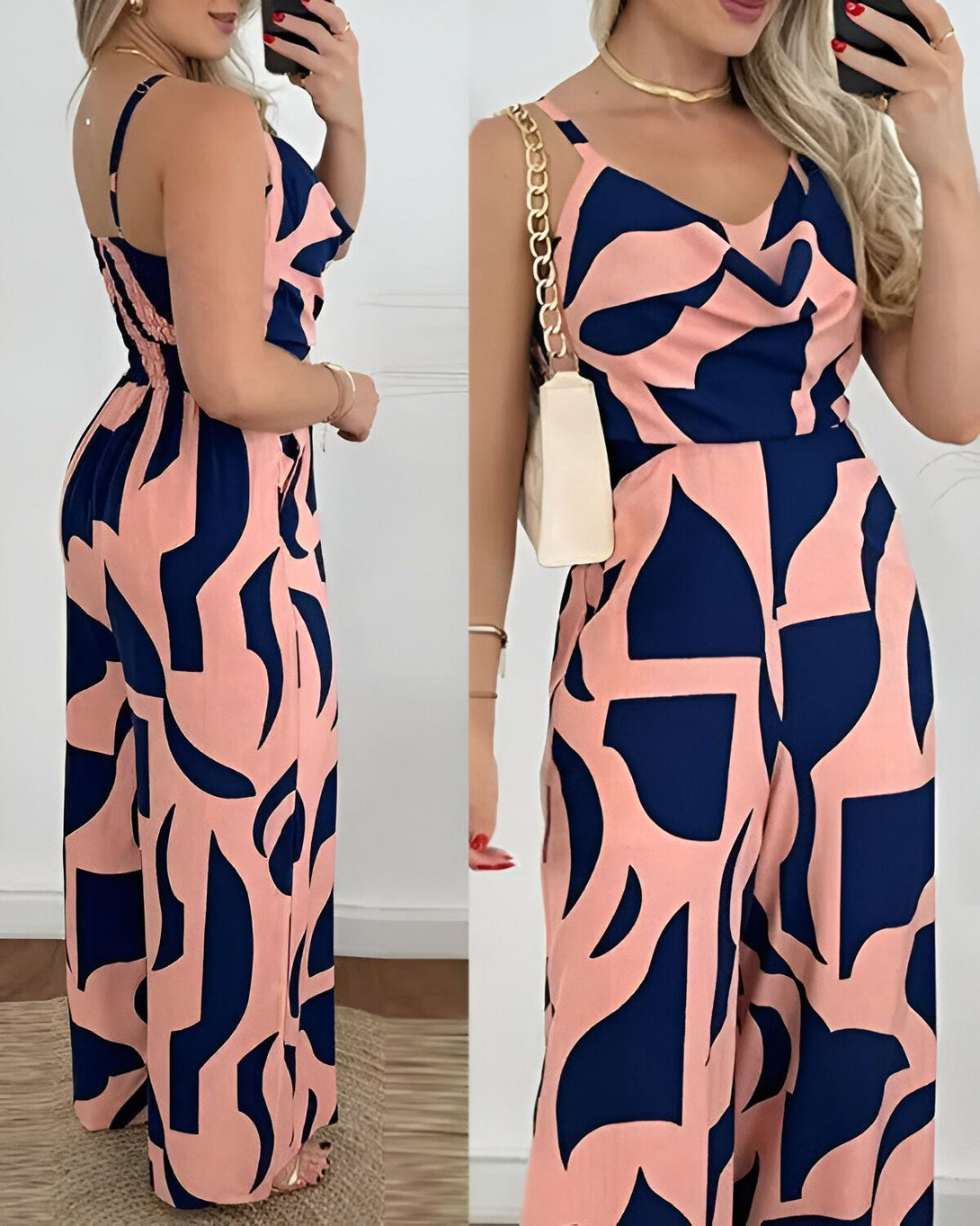 Une femme porte une combinaison rose et bleu marine. La combinaison a un motif géométrique. La femme est vue de face et de dos.