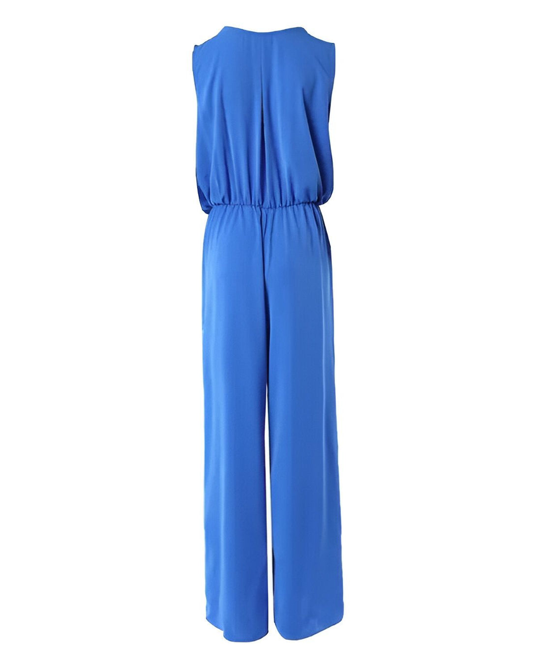 Une combinaison-pantalon bleu roi, sans manches, avec une taille haute et des jambes larges.