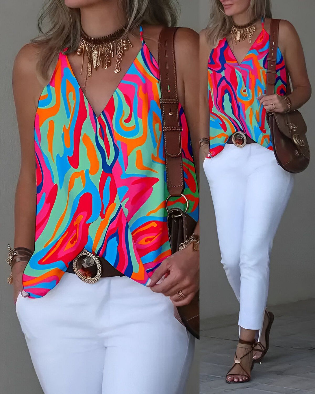 Une femme porte un haut coloré et un pantalon blanc. Elle a un collier, une ceinture et un sac à main marron. Elle porte des sandales marron clair.