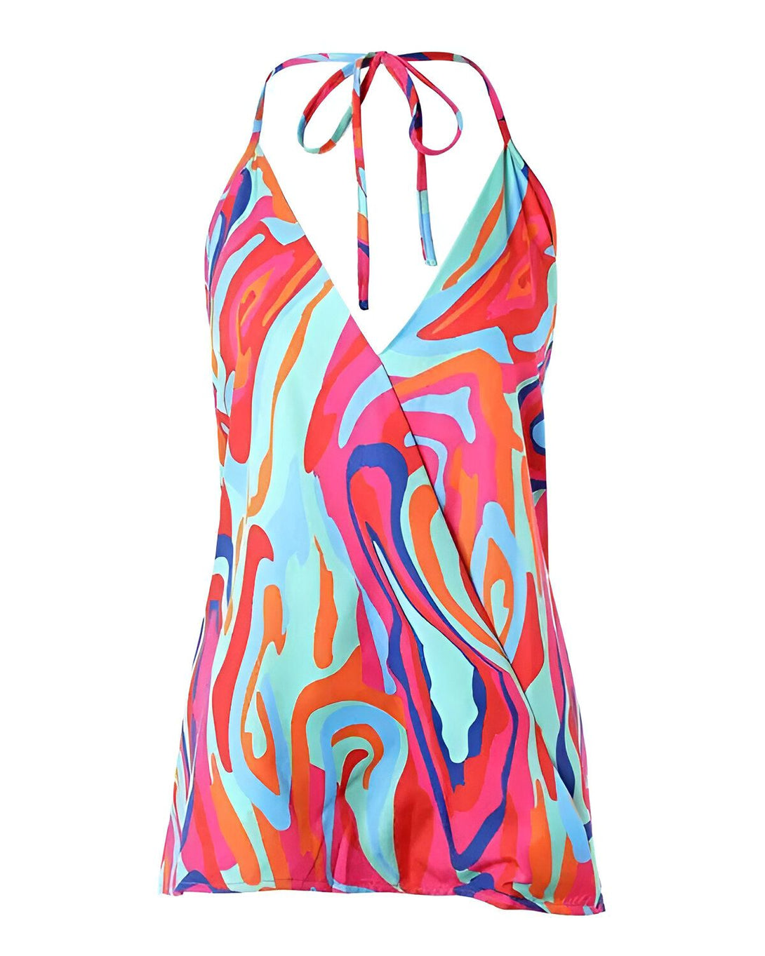Une image d'une robe dos nu à motifs multicolores. La robe est ouverte sur le devant et nouée dans le cou.