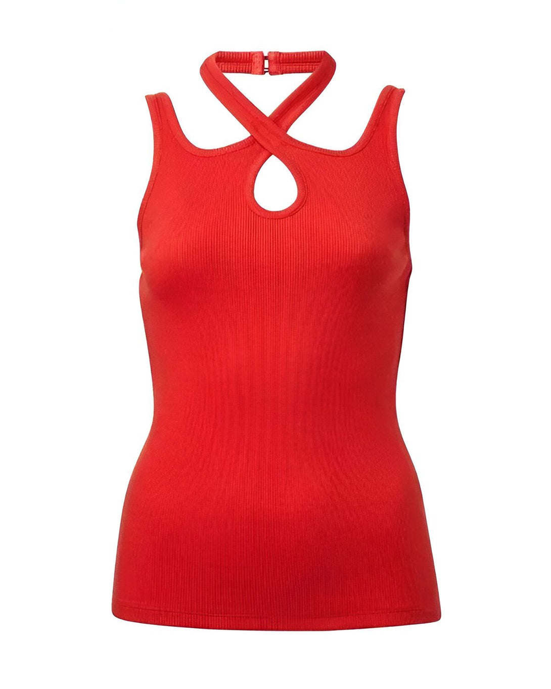 Le haut est de couleur rouge et possède une encolure croisée.
