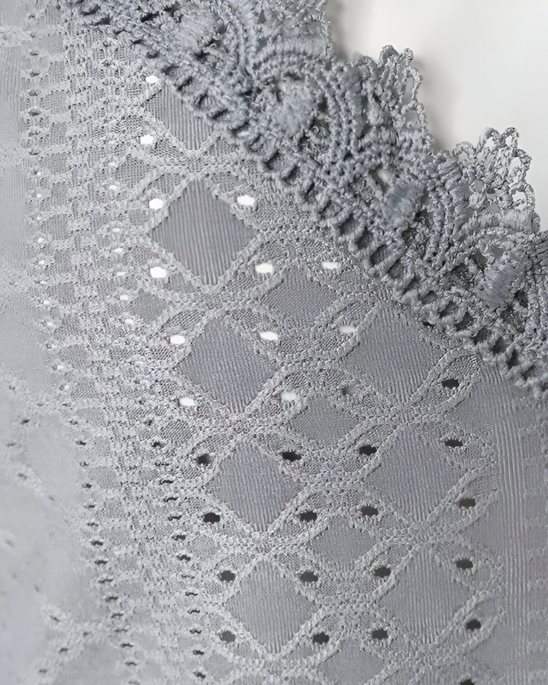 Image d'un soutien-gorge gris en dentelle avec un zoom sur le tissu.