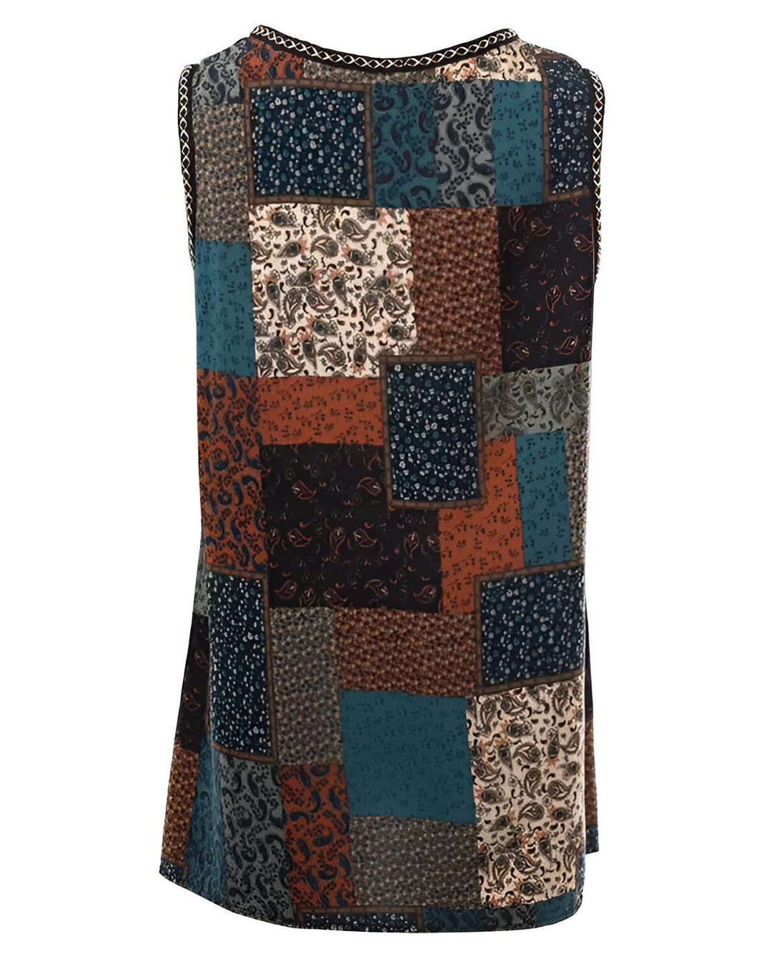 Une image d'un chemisier sans manches à motifs de patchwork. Le chemisier est de couleur marron, bleu et vert.