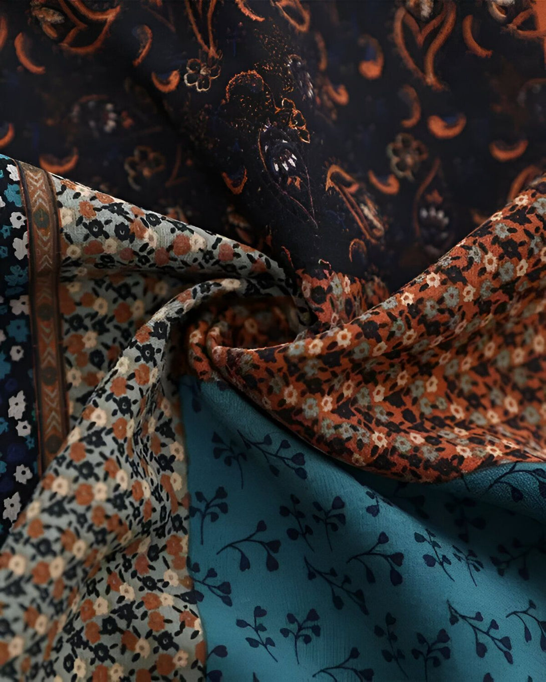 Une image de tissu à motifs floraux et paisley dans les tons bleus, bruns et orange.