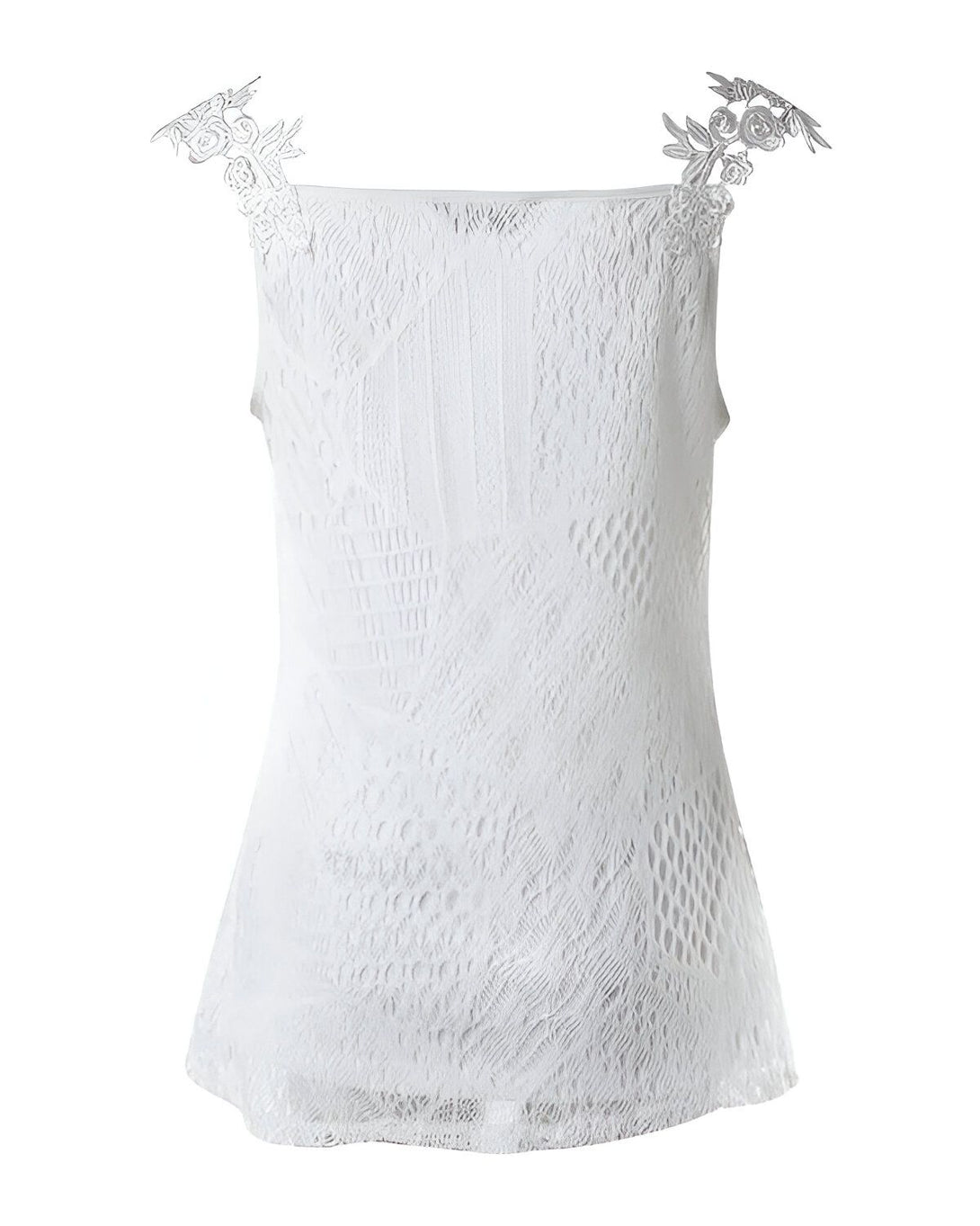 Chemisier blanc en dentelle avec des bretelles et un ourlet festonnés.