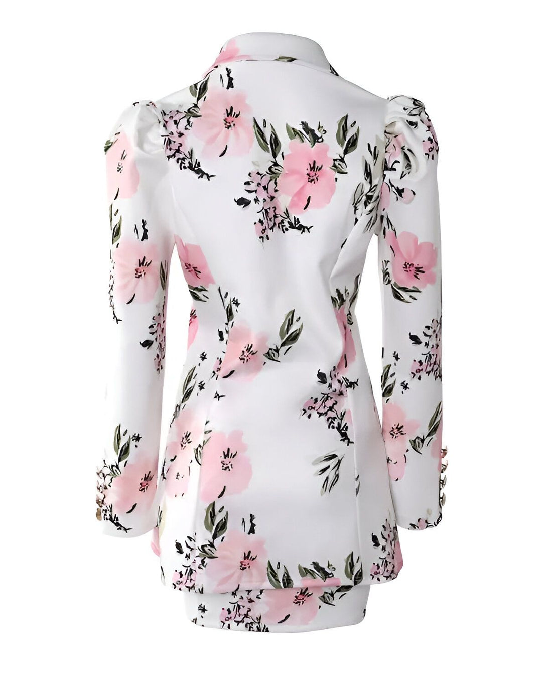 Une veste blanche à motif floral rose avec des boutons dorés.