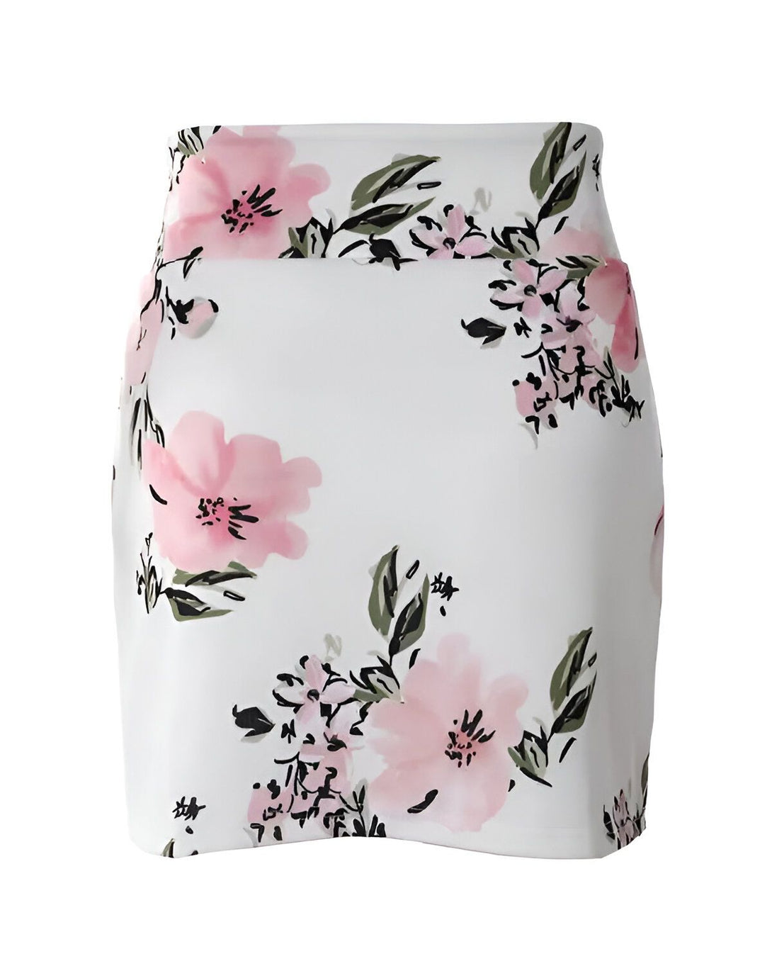 Une jupe crayon blanche à motifs floraux roses et noirs.