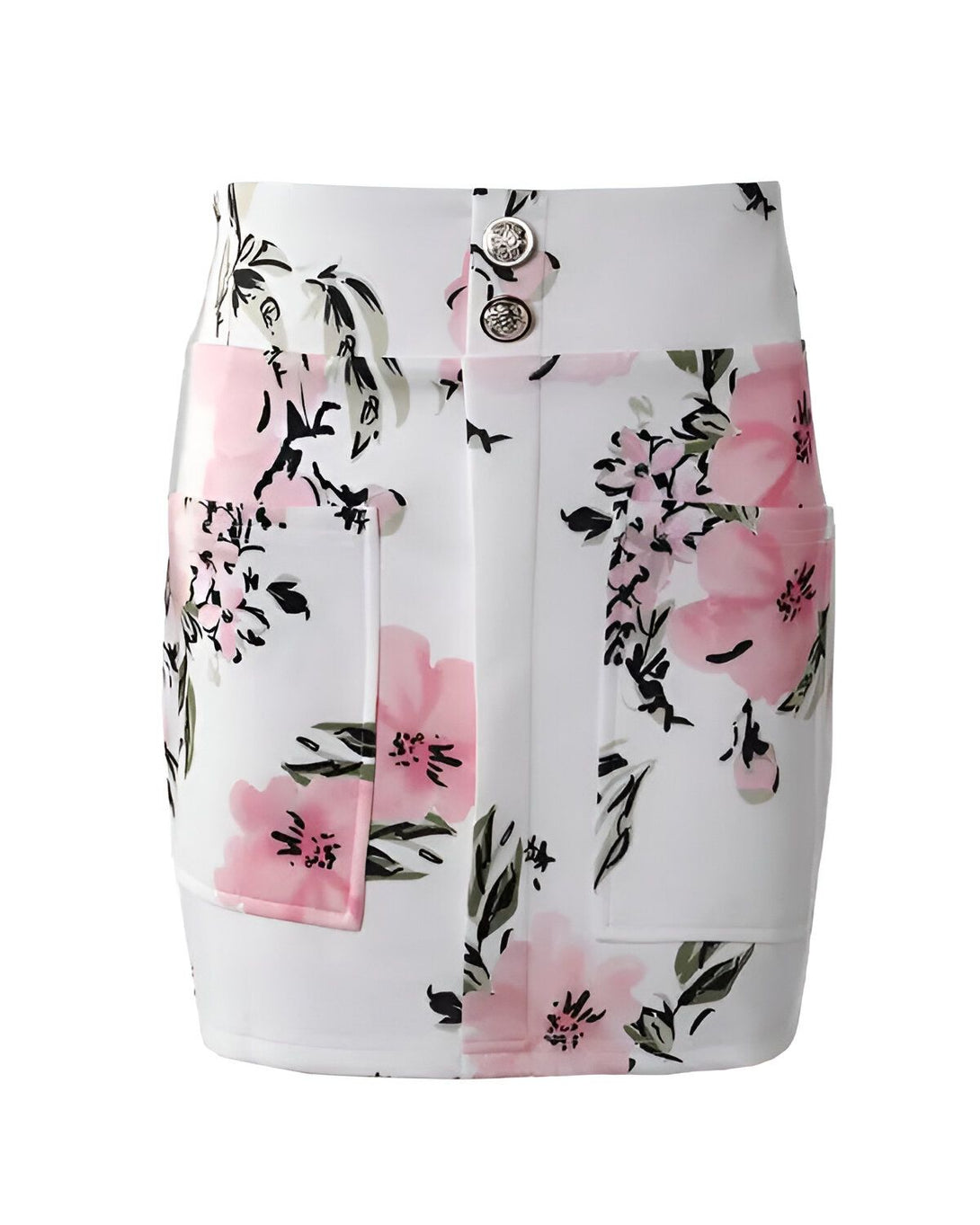 Une jupe crayon blanche à taille haute avec un motif floral rose et des boutons argentés.