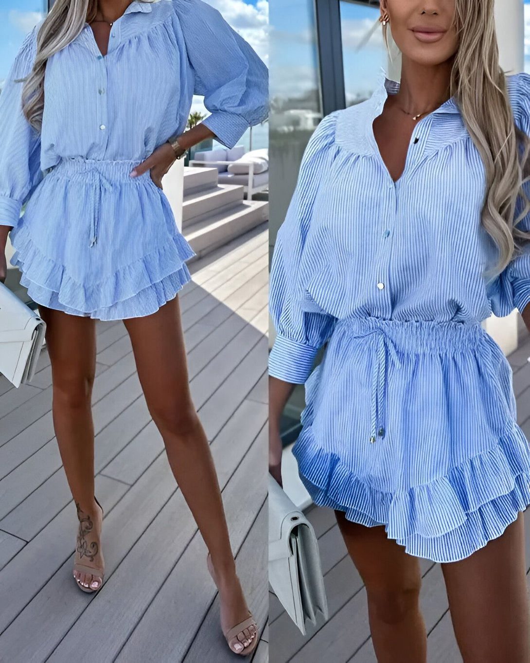 Une femme porte un ensemble short et chemise bleu à rayures blanches. La chemise est ouverte et nouée au niveau de la taille. Le short est taille haute et évasé. La femme porte des sandales à talons hauts et un sac à main blanc.