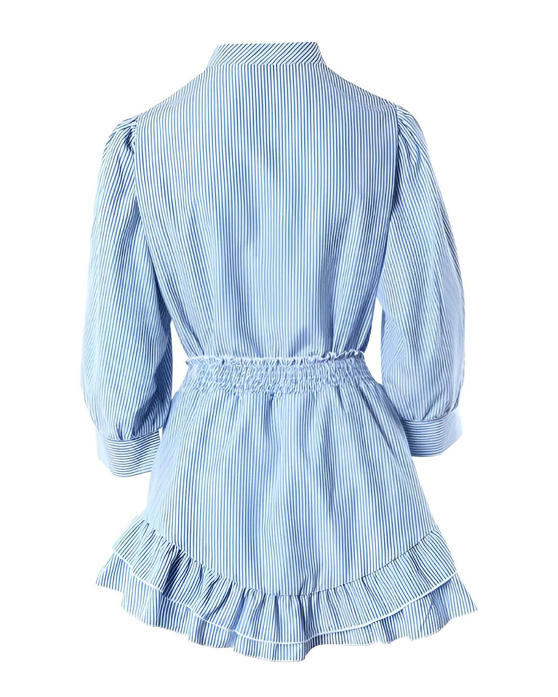 Une robe chemise à rayures bleues et blanches avec des manches bouffantes et une taille froncée.