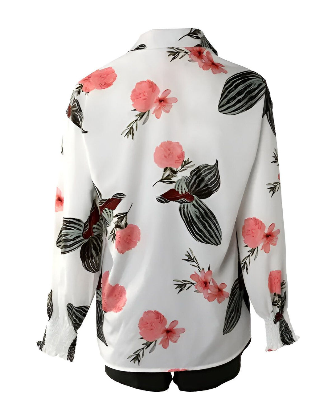 Chemisier blanc à fleurs roses et noires avec des feuilles vertes et des oiseaux.