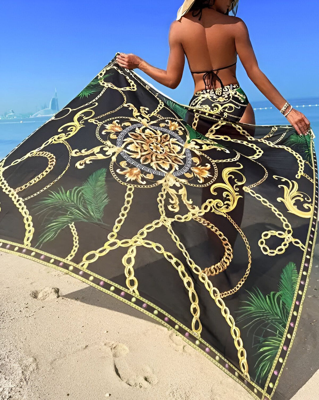 Ensemble de bikini dos nu licou imprimé chaîne baroque 3PC avec couverture
