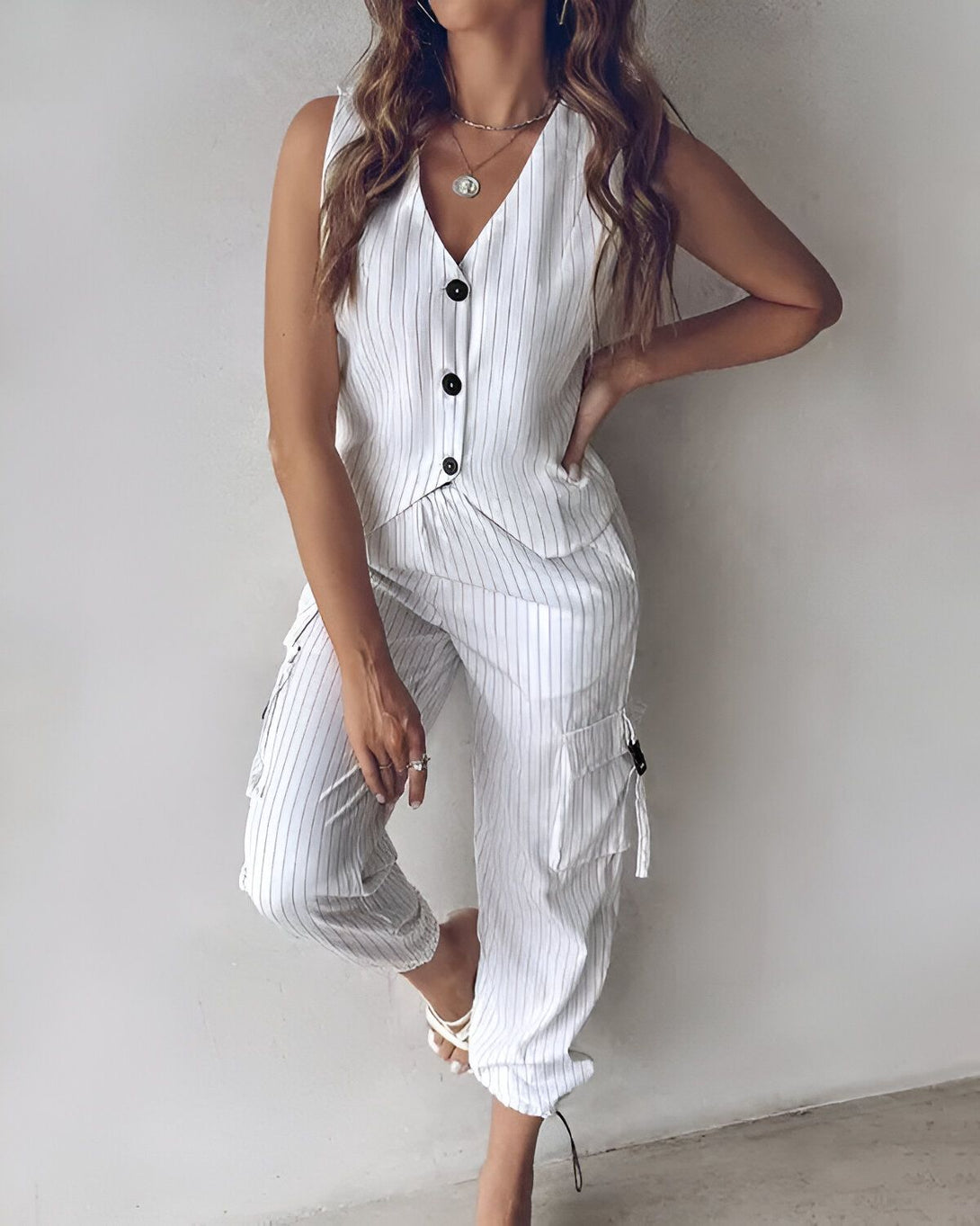 Une femme porte un pantalon cargo blanc à rayures verticales noires et un gilet blanc à rayures verticales noires. Elle porte également des sandales à talons blancs.