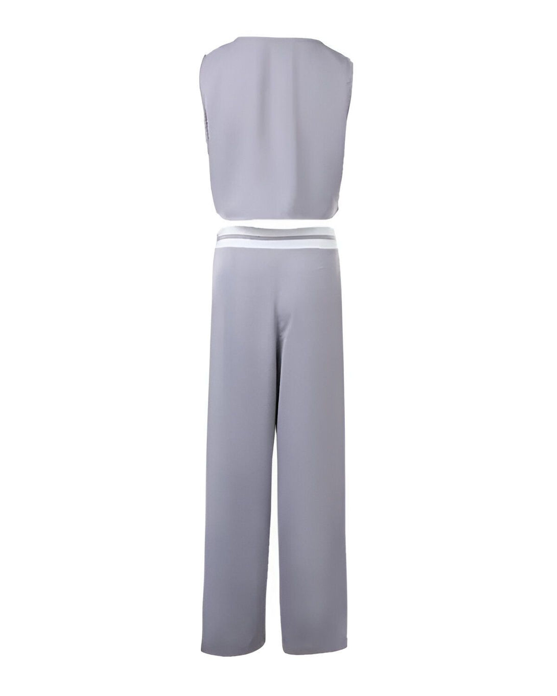 Un ensemble pantalon et haut de couleur gris avec des rayures blanches sur les côtés.