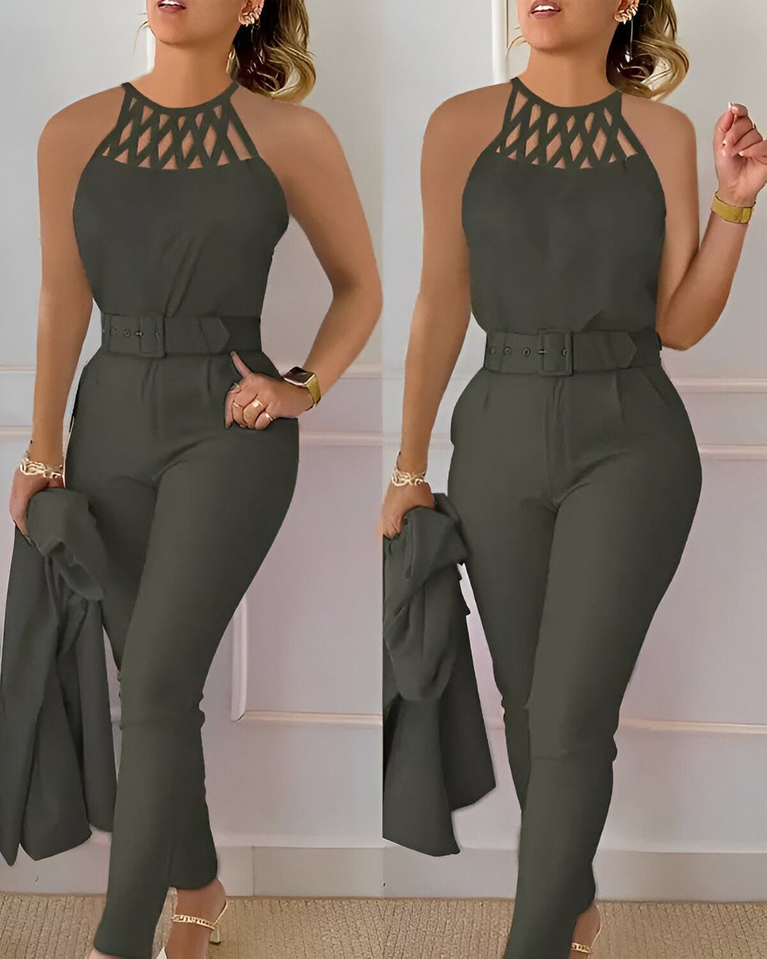 Une femme porte un pantalon vert olive et un haut assorti avec un blazer vert olive sur l'épaule.