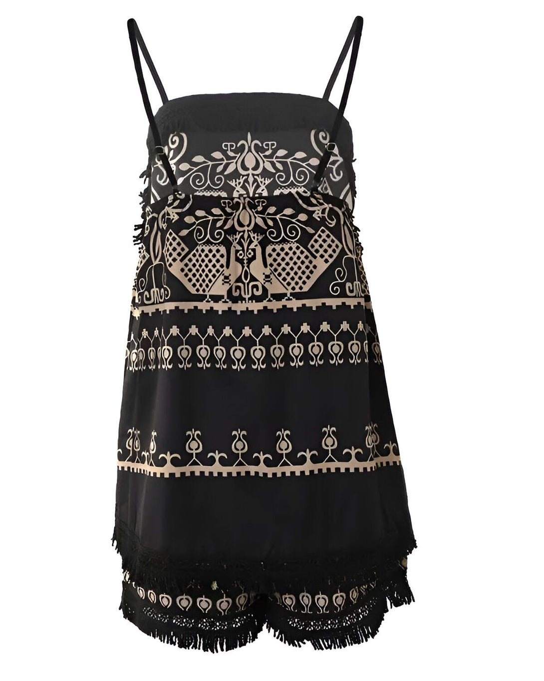 Une image d'un haut de pyjama noir et beige à bretelles avec un motif de paons et de fleurs. Le haut est bordé de franges.